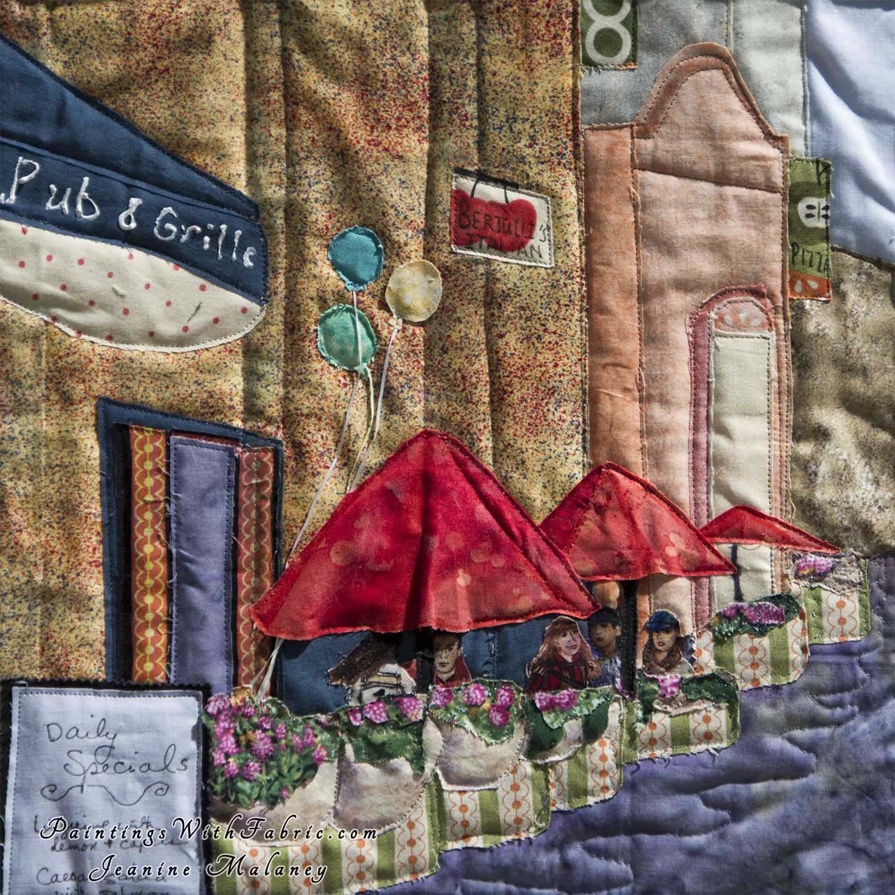 Cityscape Sidewalk Cafe Art Quilt Landscape Quilt, Watercolor Quilt