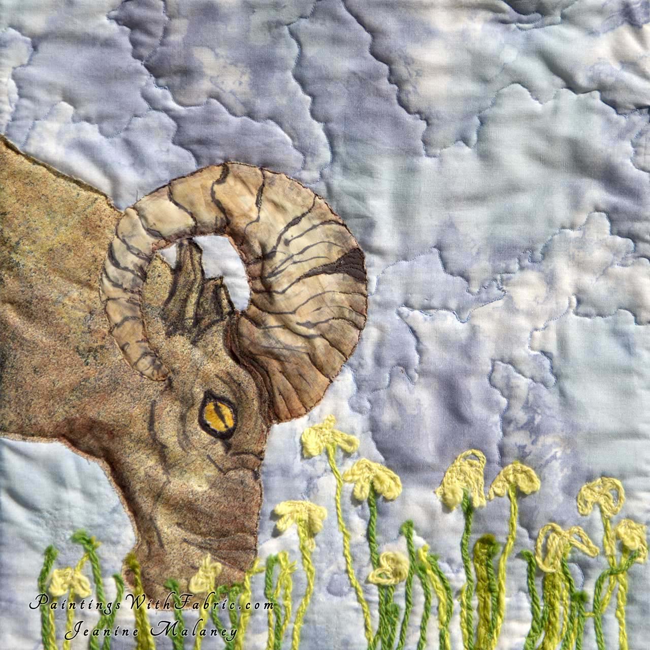 Tetons Big Horn Ram Art Quilt Landscape Quilt, Watercolor Quilt