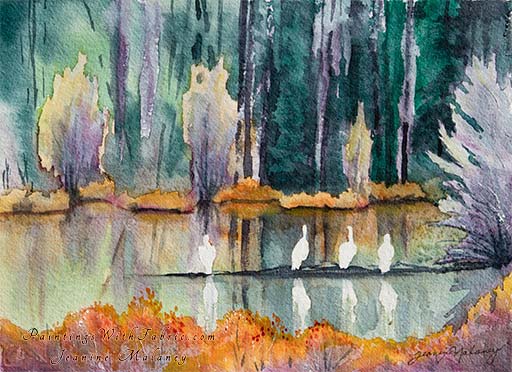 Pelicans at Yellowstone  - an Original Landscape Watercolor Painting