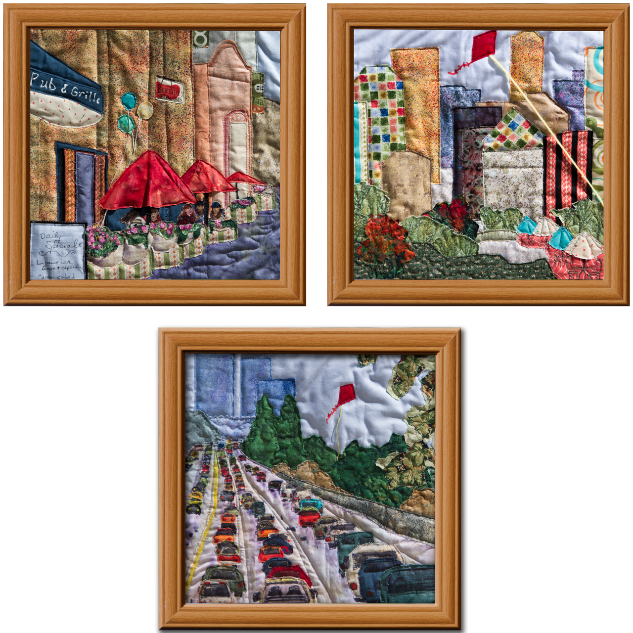 Cityscape Triad Art Quilt Landscape Quilt, Watercolor Quilt