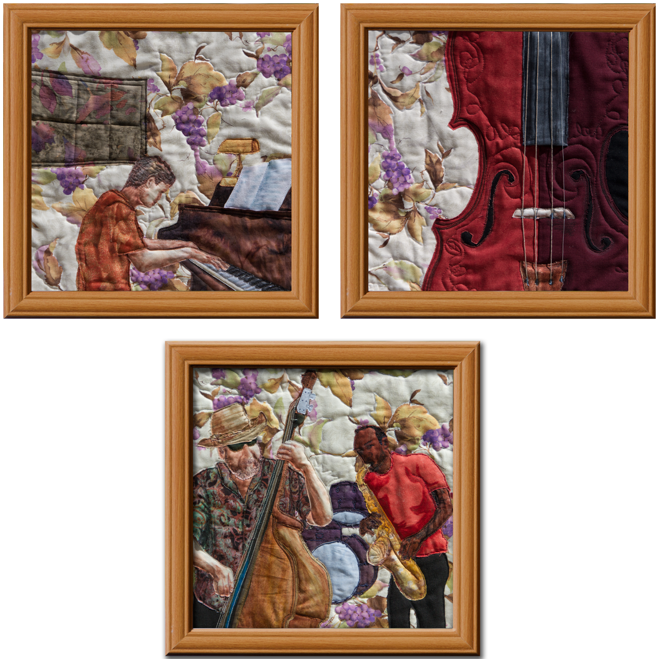 Musical Instruments Triad Art Quilt Landscape Quilt, Watercolor Quilt