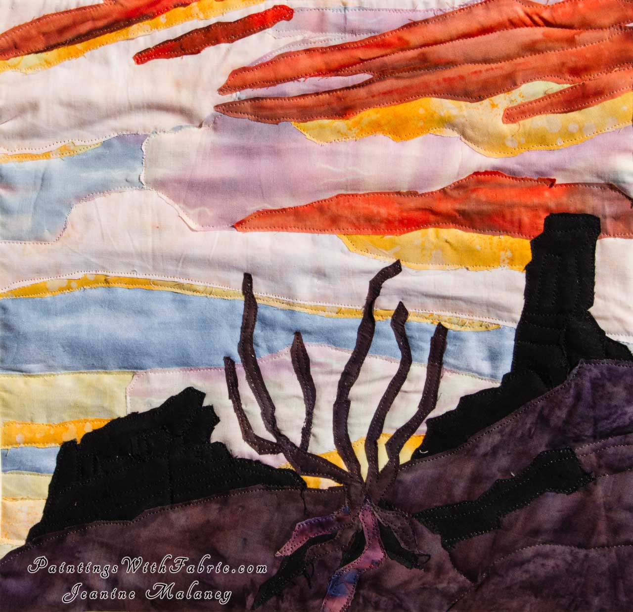 Chimney Rock Sunset Art Quilt Landscape Quilt, Watercolor Quilt