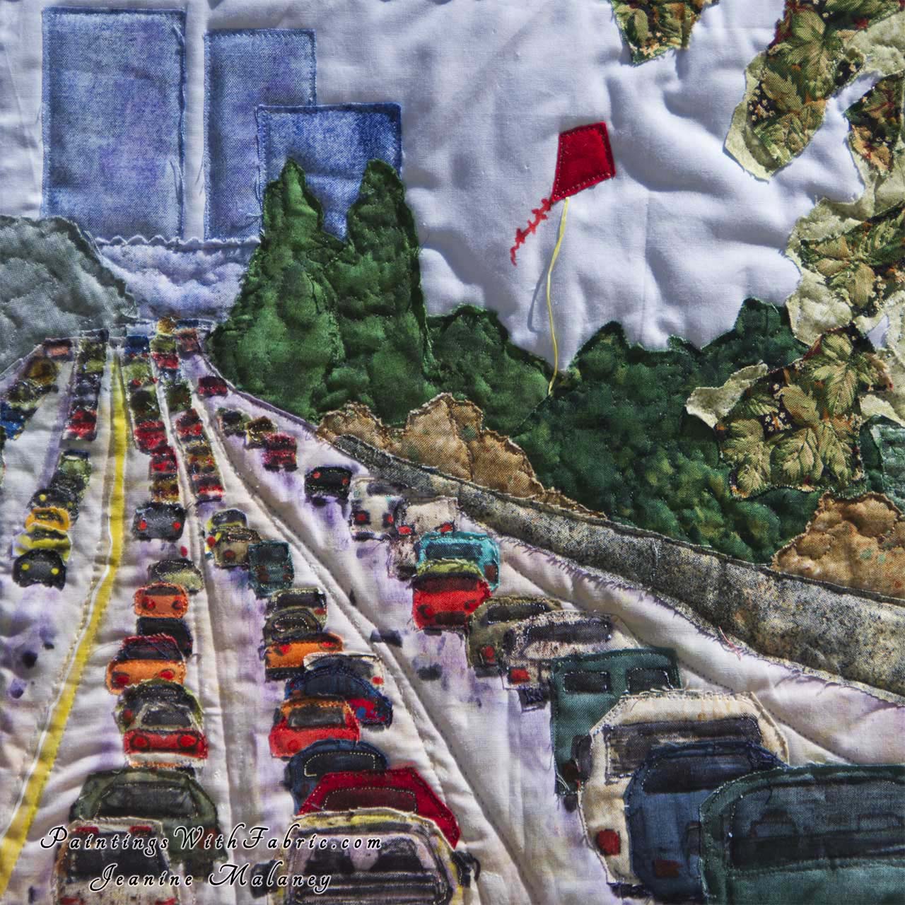 Cityscape Traffic Art Quilt Landscape Quilt, Watercolor Quilt