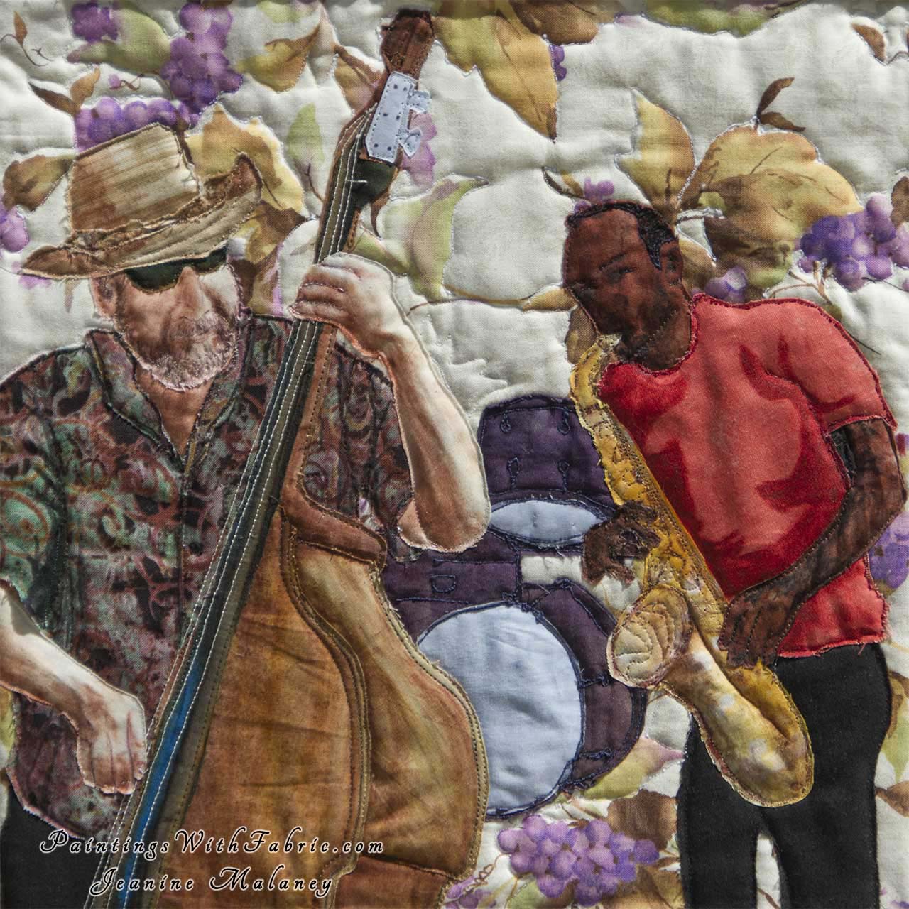 Bass and Sax Musicians  Art Quilt Landscape Quilt, Watercolor Quilt