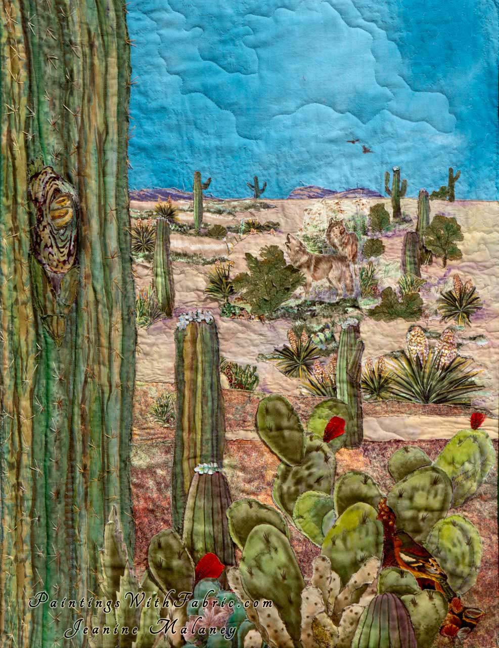 Saguaro in Bloom! Art Quilt Landscape Quilt, Watercolor Quilt