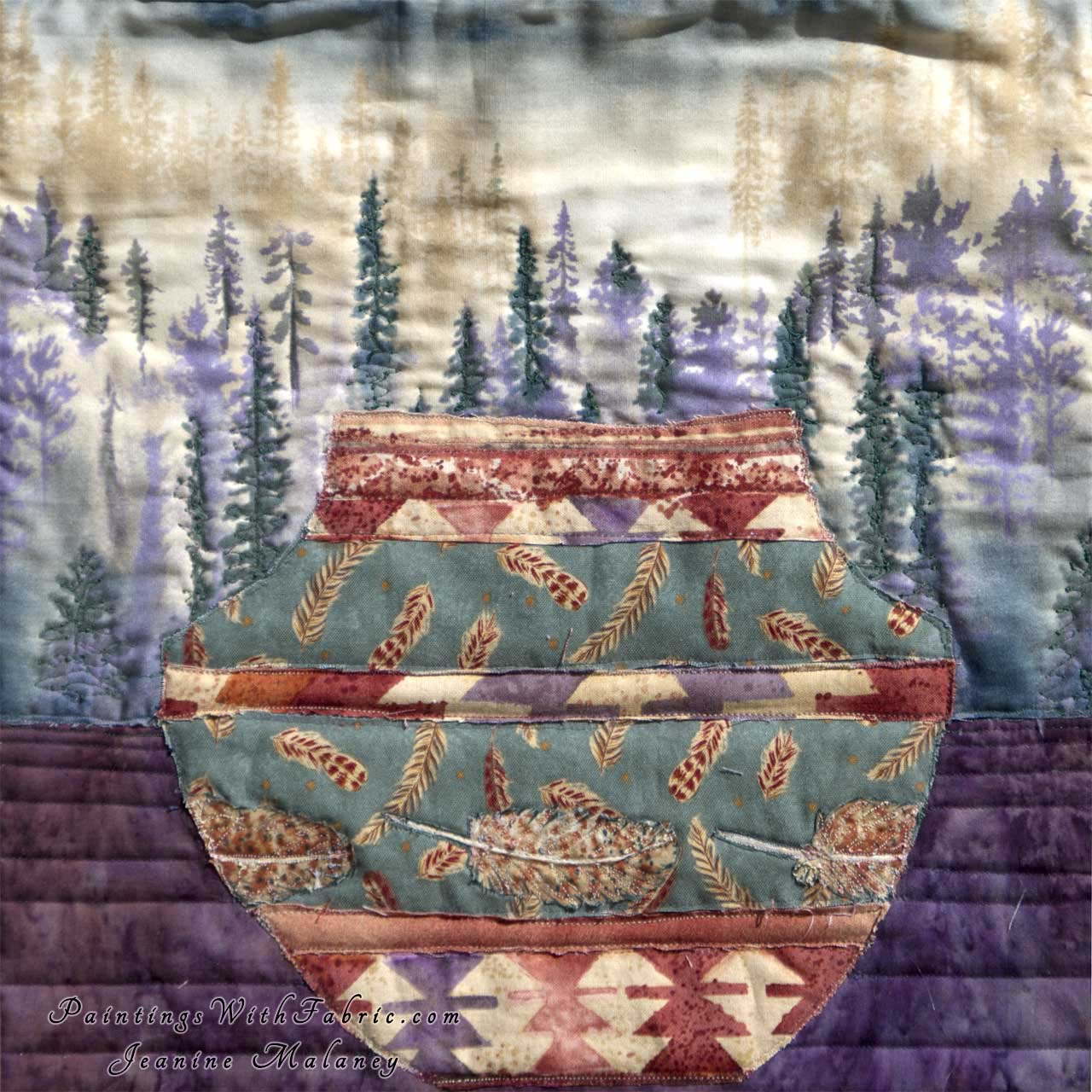 Southwest Feather Pottery Art Quilt Landscape Quilt, Watercolor Quilt