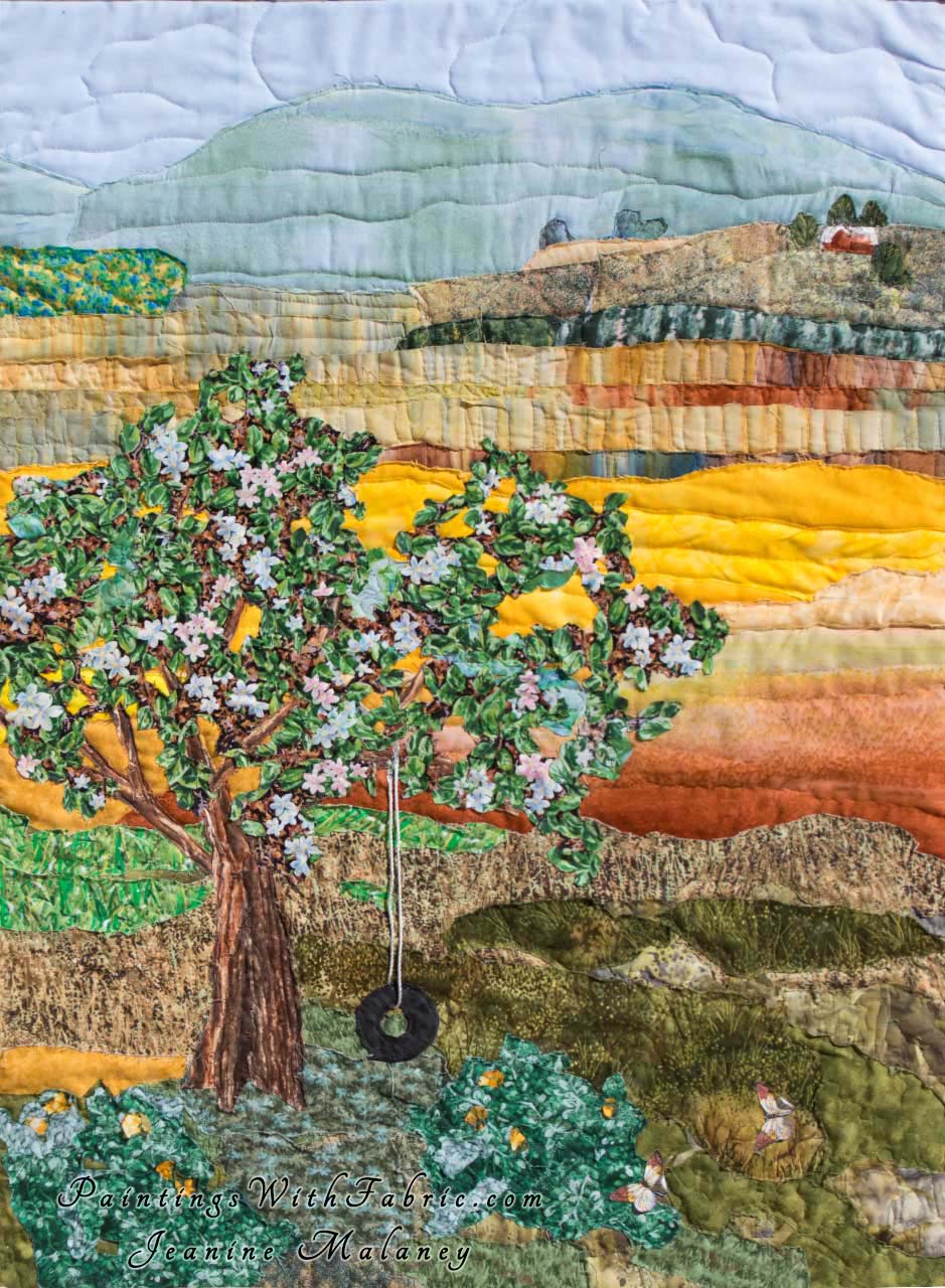 Tire Swing on the Old  Apple Tree Art Quilt Landscape Quilt, Watercolor Quilt