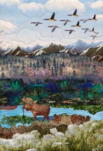 Fabric art  painting of Opel lake in Colorado Rocky Mountains