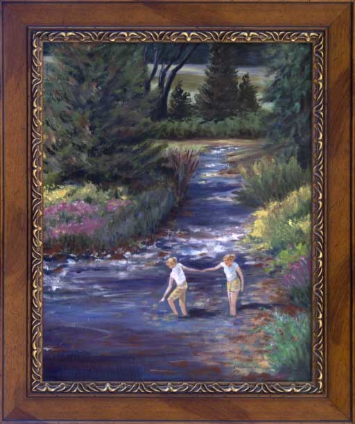 A Helping Hand Framed Original Oil Painting of two young ladies hold hands as the cross a mountain stream