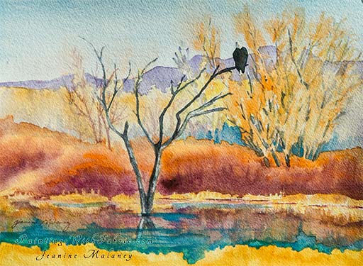 Bosque del Apache  Unframed Original Landscape Watercolor Painting A lone bald eagle setting in a tree at Bosque del Apache 