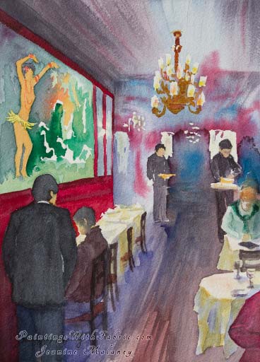 Chez Josephine  Unframed Original Contemporary Watercolor Painting A New York city downtown restaurant