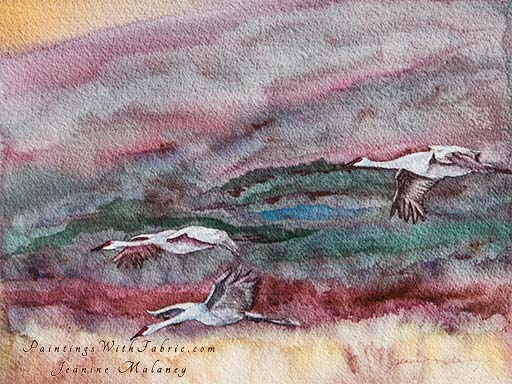 Dusk at Bosque del Apache Unframed Original Landscape Watercolor Painting Sandhill cranes flying at Bosque del Apache wildlife pereserve