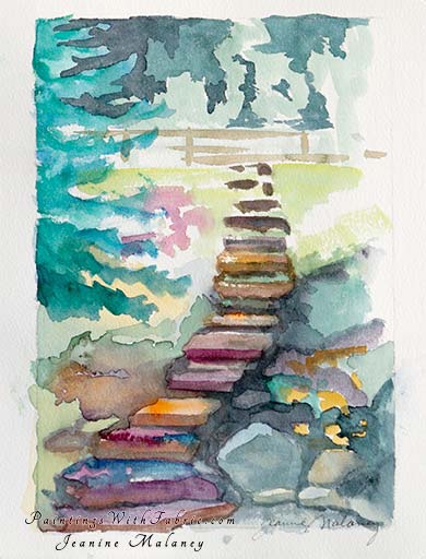 Garden Stairs Unframed Original Artwork Watercolor Painting 