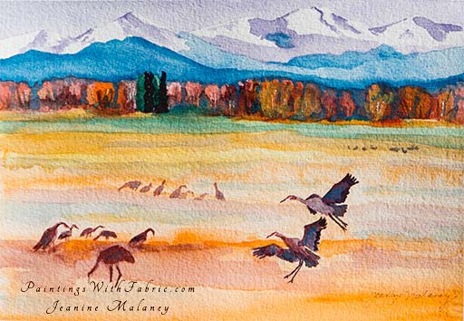 Monte Vista National Wildlife Refuge  Unframed Original Landscape Watercolor Painting Two sandhill cranes landing in a field at the wildlife refuge.