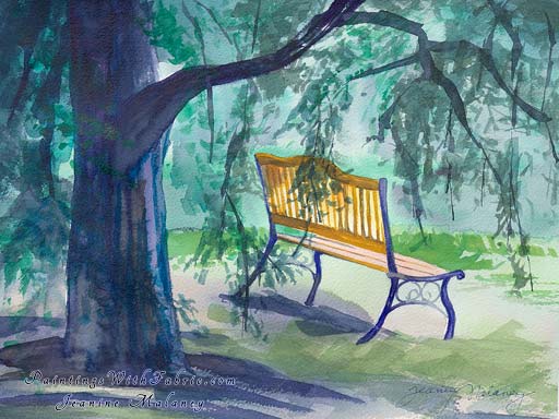 Morning Meditation Unframed Original Landscape Watercolor Painting A watercolor painting of a bench Colorado Mountains 
