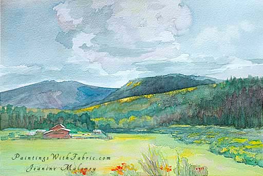 Mountain Haven Unframed Original Artwork Watercolor Painting a high country farm in a little valley with mountains in the bac