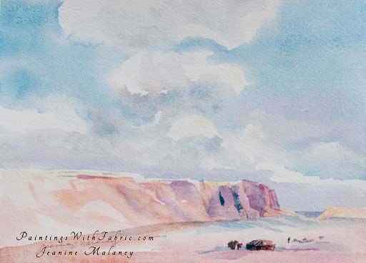 Navajo Sheep Herder Unframed Original Southwest Watercolor Painting a big sky with desert buffs and a small herd of sheep