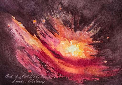 Radiance Unframed Original Contemporary Watercolor Painting a star AB Aurigae Disk in the Milky Way is shown as it explodes
