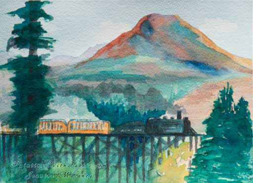 Red Mountain Unframed Original Landscape Watercolor Painting a train crossing over a bridge in front of red mountain near Sil