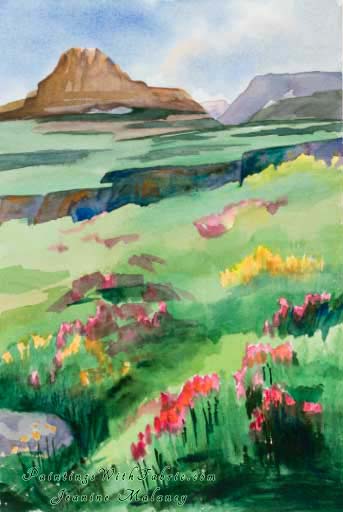 Reynolds Mountain Unframed Original Artwork Watercolor Painting Wild flowers in the foreground an mountains in the background 