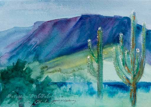 Saguaro In Bloom Unframed Original Southwest Watercolor Painting two large Saguaro cactus in bloom in the Arizona desert with blu