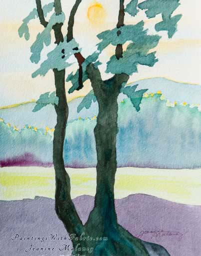 Sunrise on the Golf Course Unframed Original Southwest Watercolor Painting a tree with green and yellow background 