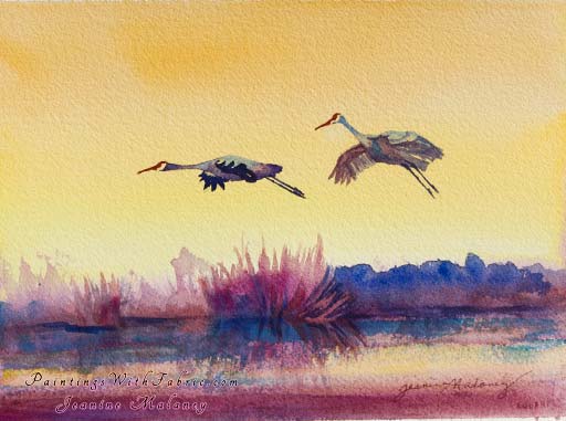 Sunset Landing  Unframed Original Southwest Watercolor Painting two Sandhill Cranes at Bosque del Apache coming in for a landing
