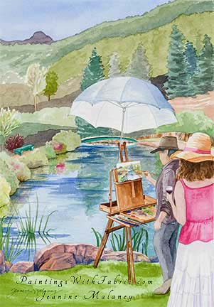 Art in the Garden Unframed Original Artwork Watercolor Painting of a artist painting a lake in a garden