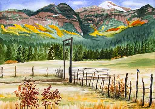 Belonging to the Land Unframed Original  Watercolor Painting of a fence with a mountain background