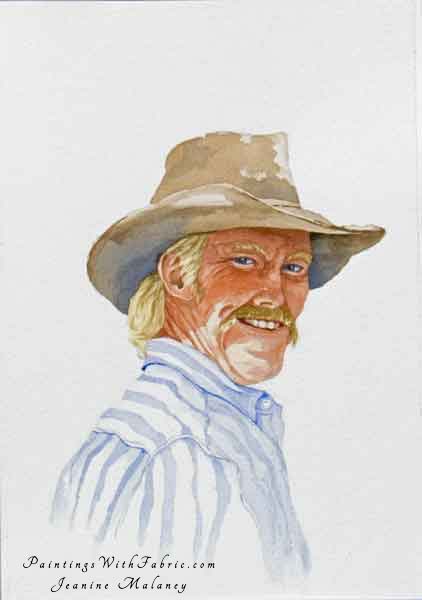 Buck Unframed Original Portrait Watercolor Painting of a cowboy with his hat