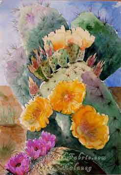 Prickly Pear Ablaze Unframed Original Contemporary Watercolor Painting of a flowering Prickly pear cactus