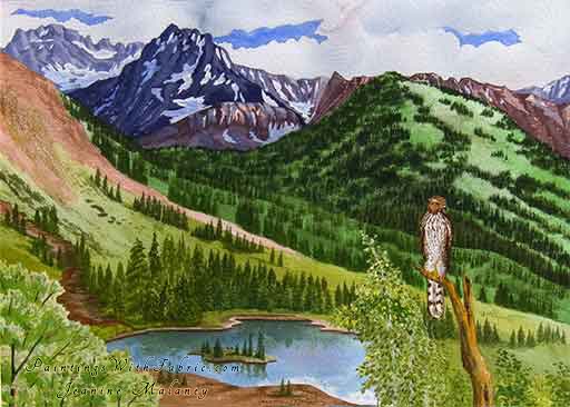 The Sentinal Unframed Original Landscape Watercolor Painting of a Coopers Hawk and lake with mountains in CO