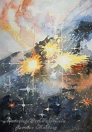 Cosmic Fireworks Unframed Original Contemporary Watercolor Painting of the Colossal Stars Within Carina Nebula