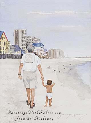Van and Cruz Unframed Original  Watercolor Painting of grandfather and grandson walking Florida beach