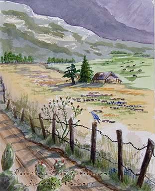 Colorado Country Road Unframed Original  Watercolor Painting a bird perched on a fence with mountain backgound
