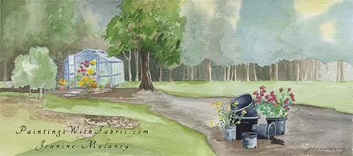 The Garden Greenhouse Unframed Original Panorama Watercolor Painting of old farm Garden Greenhouse