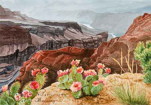Grand Indeed Unframed Original Landscape Watercolor Painting of the Grand Canyon with Prickle Pair Cactus