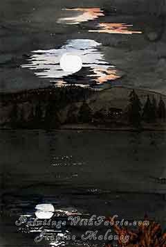 Moonglow Unframed Original Contemporary Watercolor Painting of a night  full moon reflecting on the lake