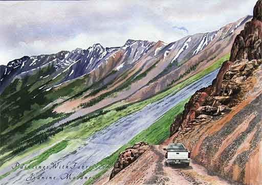 Ophir Pass Ouray Unframed Original Landscape Watercolor Painting of a 4 wheel dirve truck on Ophir Pass trail