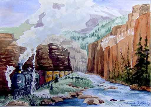 Along the Animas River II Unframed Original Landscape Watercolor Painting of steam powered train in mountain cayon