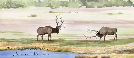 Rut Unframed Original Panorama Watercolor Painting of two elk in Rocky Mountain National Park
