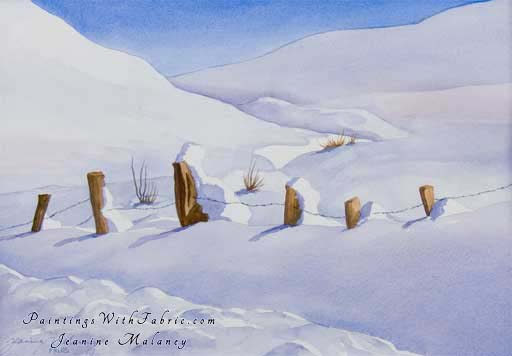 Simply Fence Unframed Original Winter Watercolor Painting of the top half of a old fence in the winter