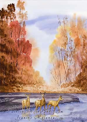 The Crossing at Piedra River Unframed Original  Watercolor Painting of three deer crossing the Piedra River