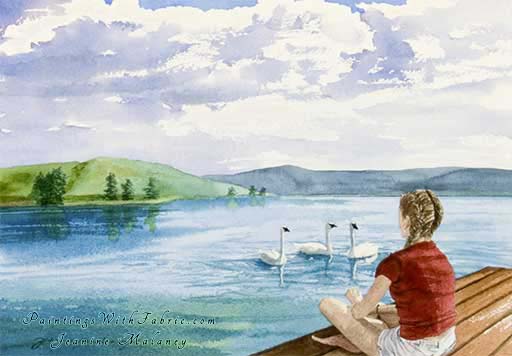 The Curious Three Unframed Original Artwork Watercolor Painting of three trumpeter swans in a Colorado Lake