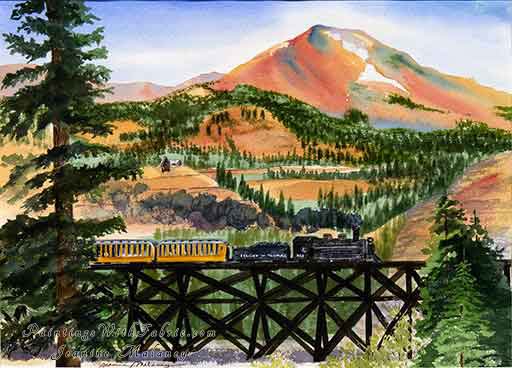 Ouray Fantasy Unframed Original Landscape Watercolor Painting of a old train with Colorado Rocky Mountains