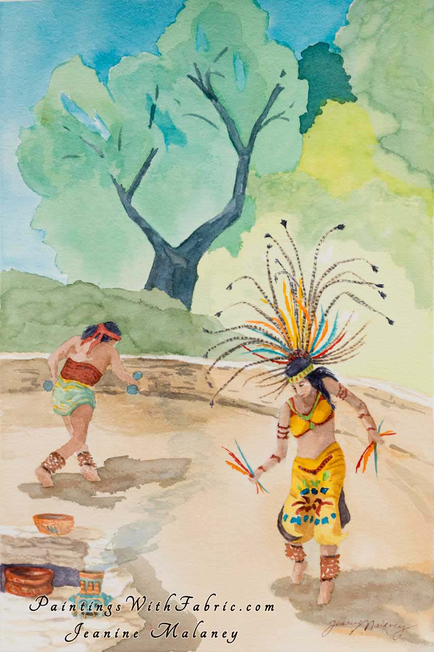 Aztec Fesival Unframed Original Watercolor Painting Two Aztec dancer 