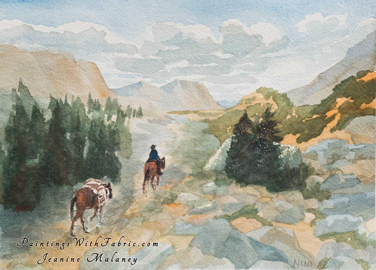 Bringing in Supplies  Unframed Original Watercolor Painting a trail rider leading a pack horse and a mountain trail