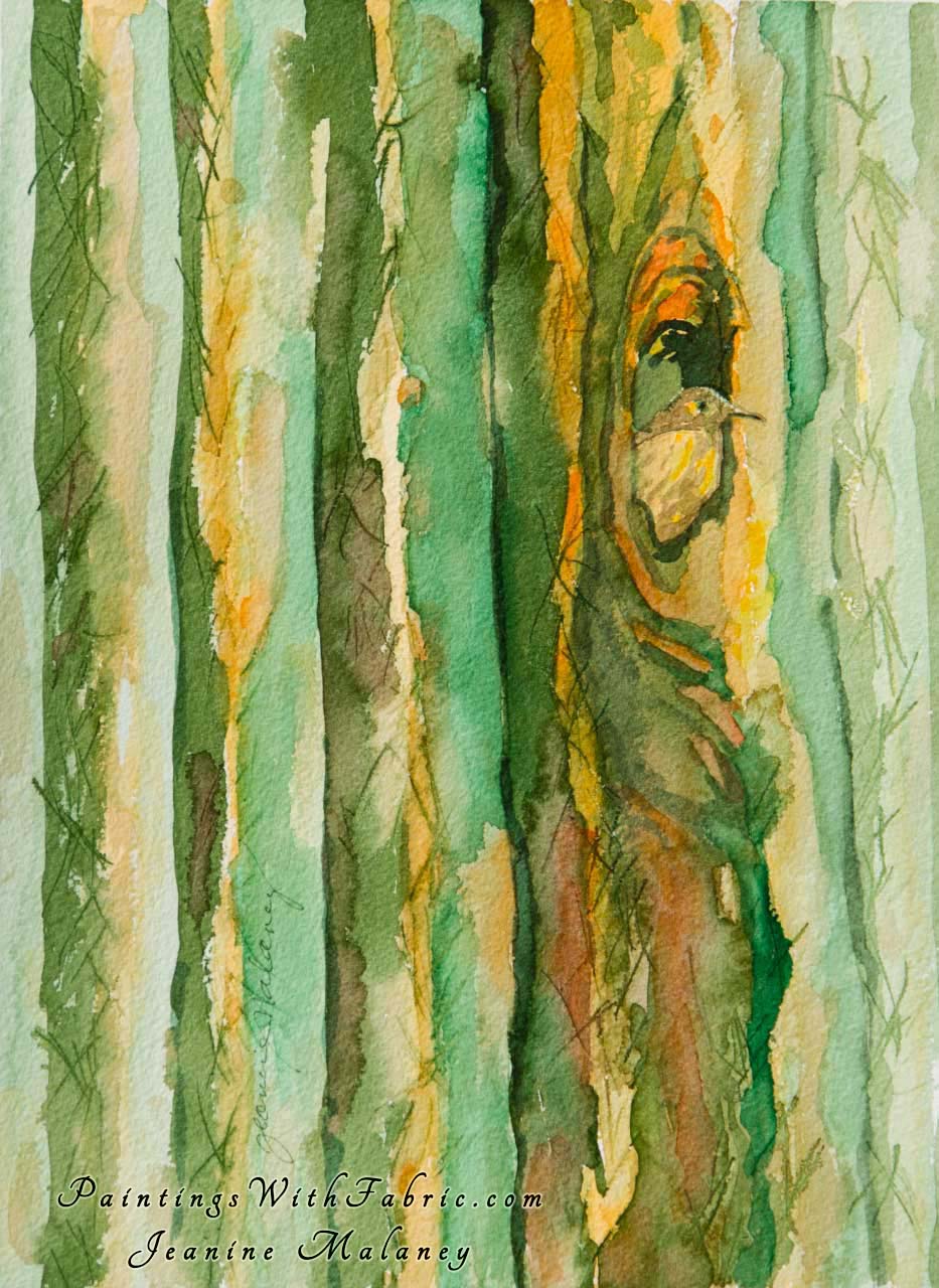 Cactus Home Unframed Original Watercolor Painting a cactus wren peak out of a hole in a Saguaro cactus