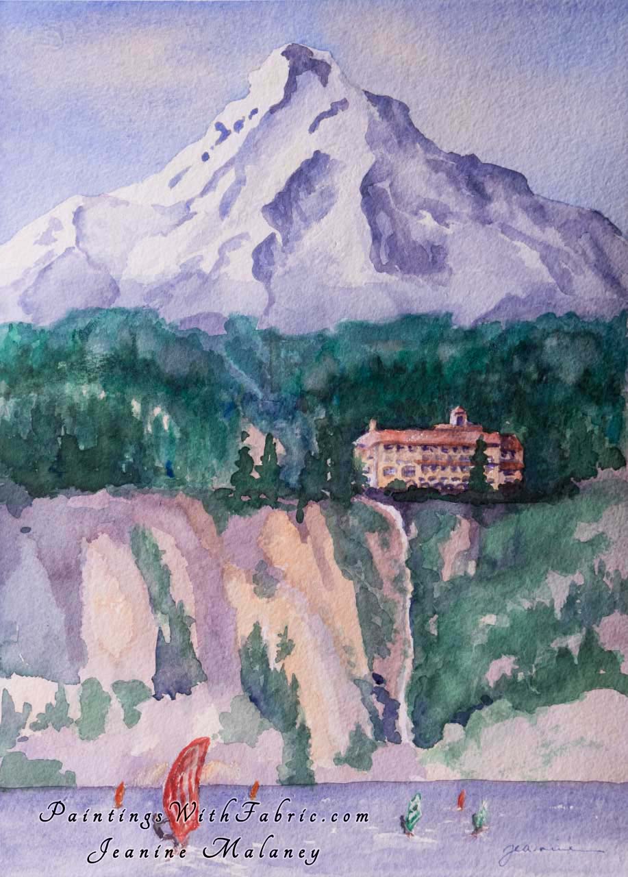 Columbia River Grand Hotel Unframed Original Watercolor Painting the Columbia River Grand Hotel with mt hood in the background