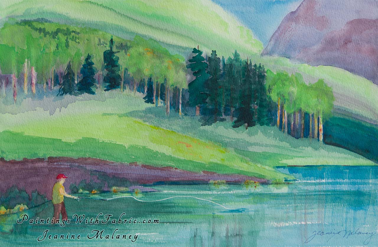 Caught in the Moment  Unframed Original Watercolor Painting  a man fly fishing in Love Lake in the Rocky Mountains